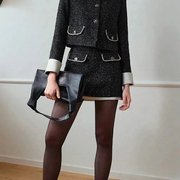 Black Elegant Women's Contrast Binding Flap Detail Skirt - Picture 3 of 8